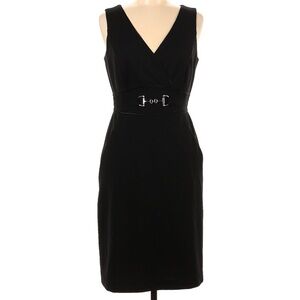 White House Black Market Black V-Neck, Knee-Length Dress with Silver Buckle , 6